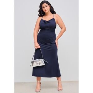 Navy Blue Cowl Neck Midi Dress Lace Up Corset Back Evening Cocktail Dress 2x